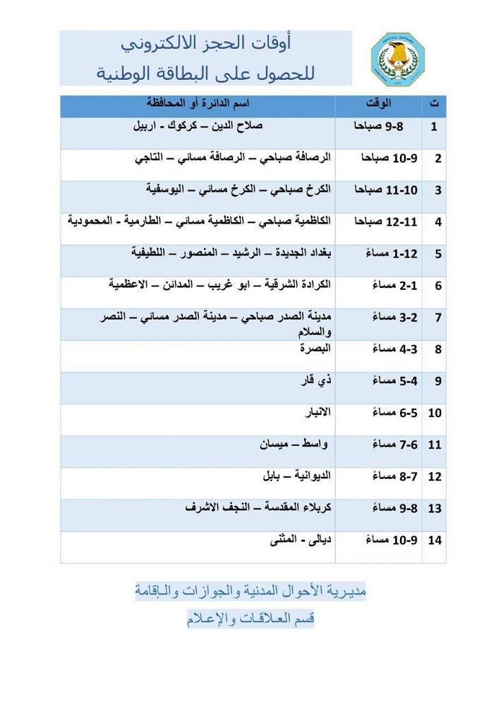 البصرة من 3 - 4 مساءً .. الداخلية تحدد أوقات الحجز الالكتروني للحصول على البطاقة الوطنية